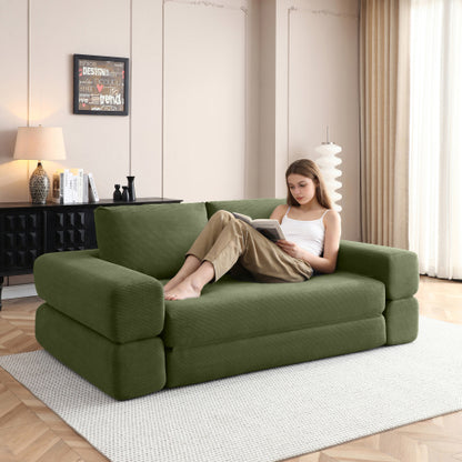 Green 81 inch  3-in-1 Corduroy Convertible Floor Sofa Bed, Boneless Futon