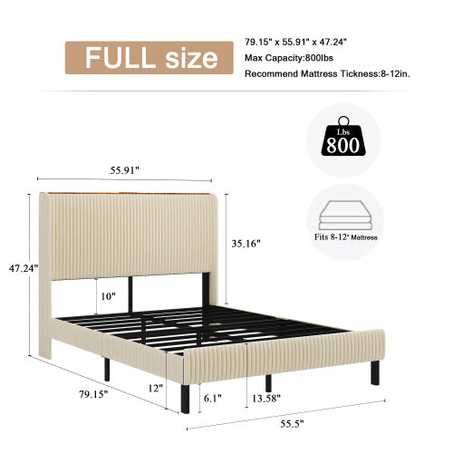 Full Size Platform Bed , Metal Bed Frame with Charging Station, No Box Spring Needed, (Beige), Noise Free,Easy Assemble.