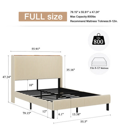 Full Size Platform Bed , Metal Bed Frame with Charging Station, No Box Spring Needed, (Beige), Noise Free,Easy Assemble.