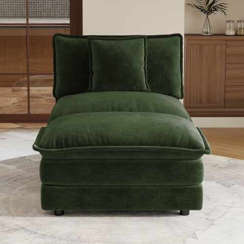 Green Chenille Armless 1-Seat Modular Sofa Unit with Ottoman, Solid-Wood Frame, Assembly-Required