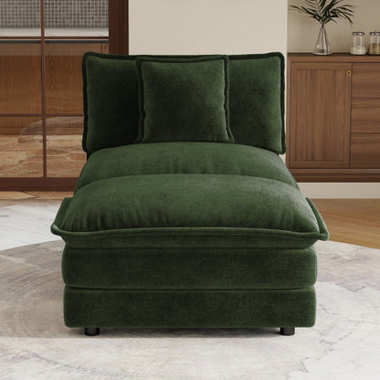Green Chenille Armless 1-Seat Modular Sofa Unit with Ottoman, Solid-Wood Frame, Assembly-Required