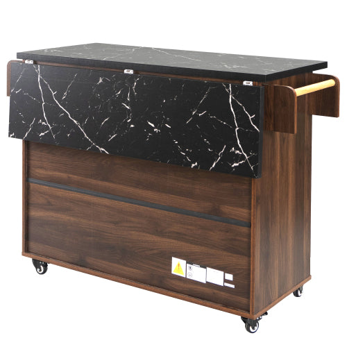 Walnut Brown Rolling Kitchen Island Cart With Trash Can Storage