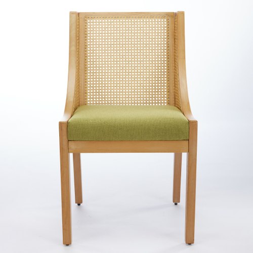 Single Olive Green Rustic Solid Wood Arm Rattan Dining Chair, Natural Finish Linen Upholstered Side Accent Chair