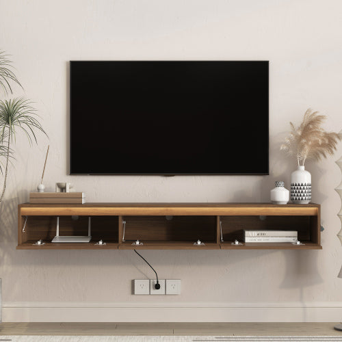 Wall Mount Floating High Gloss TV Cabinet with Touch LED Light Strip & Cable Holes for Living Room