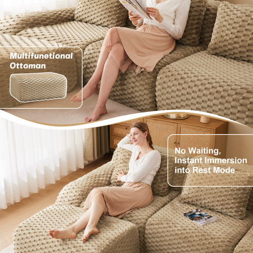 82 inch  Light-Camel Flannelette L-Shaped Modular Boneless Sofa,Ottoman