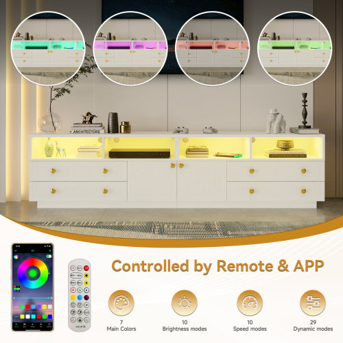 White High Gloss TV Stand for 100 Inch Wall TV with RGB LED Lights & Multi Storage