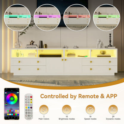 White High Gloss TV Stand for 100 Inch Wall TV with RGB LED Lights & Multi Storage
