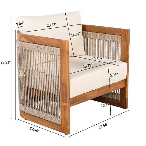 Premium Acacia Wood Outdoor Club Chair, Curved Tub Design with Woven Rope Accents, Water-Resistant Cushions, All-Weather Slat Construction