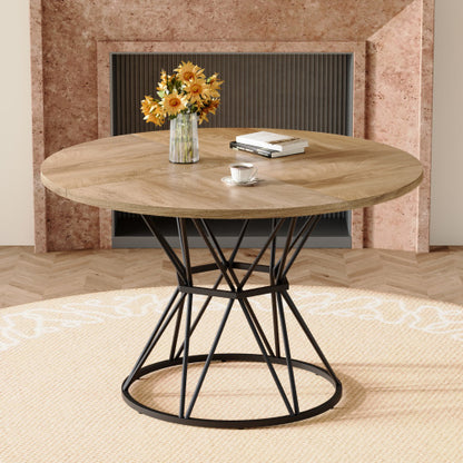 47.3 Inch Light Wood Grain Round Dining Table with Hourglass Metal Bracket for 4-6 People