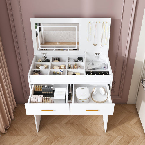 White Flip Top Vanity Desk with LED Lighted Mirror & Built-in Outlet, 2 Drawers, Open Storage, Jewelry Hooks