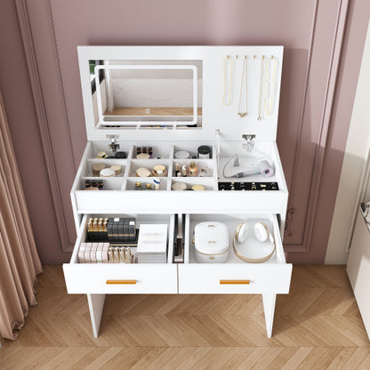 White Flip Top Vanity Desk with LED Lighted Mirror & Built-in Outlet, 2 Drawers, Open Storage, Jewelry Hooks