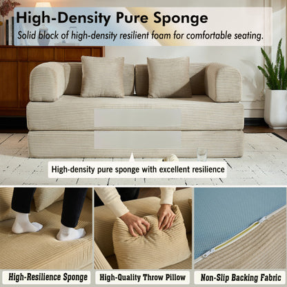 Beige Corduroy Convertible Sleeper Sofa Bed with Cylindrical Pillow
