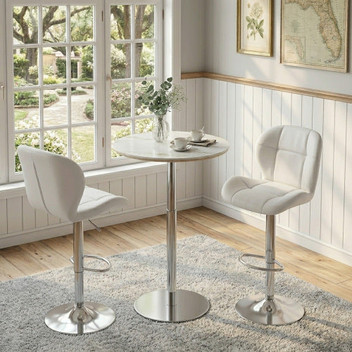 Set of 2 Height Adjustable Bar Stools, PU Upholstered Tufted Backrest Chairs with Chrome-Plated Metal Base & Footrest for Kitchen Island, Pub, Bar (White)