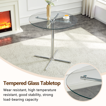Round glass bar high table, 36 inch round bar table, tempered glass tabletop, sturdy silver chrome plated four column support, suitable for transparent round bar tables in small spaces, kitchens