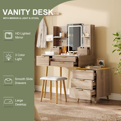 7-Drawer White Vanity Desk with LED Mirror & Carved Details, Fluted Makeup Table, Metal Legs, PU Stool & Jewelry Storage