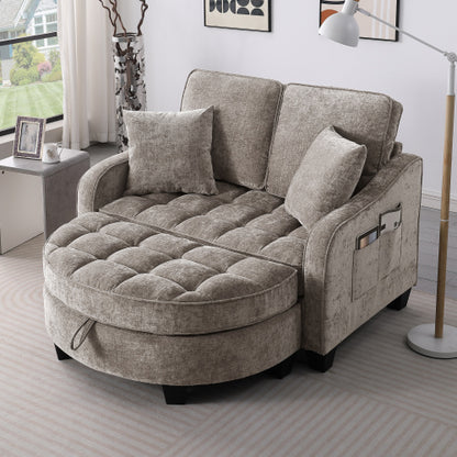 Brown 2-Seater Irregular-Shape Sofa Chaise, Storage Footrest, 2 Throw Pillows