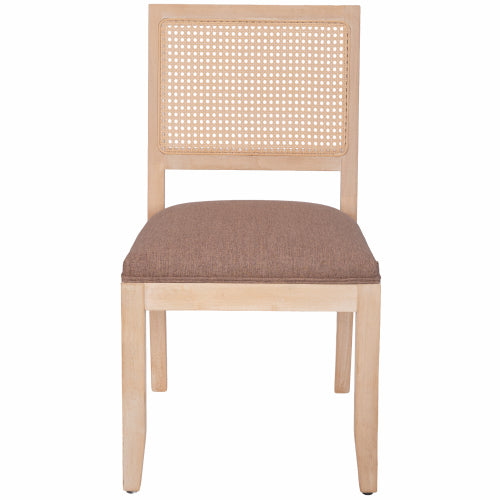 2-Piece Farmhouse Rattan Dining Chairs, Mid-Century Cane Low Back Chairs, Natural Solid Wood Frame & Breathable Linen Upholstery, Tan