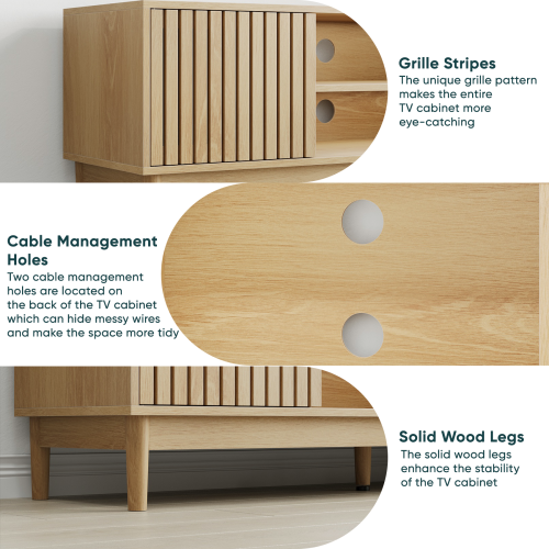 55 Inch Oak Vertical Slat Mid-Century TV Stand Silent Hinge Media Cabinet Fits 65 Inch TV