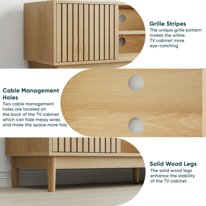55 Inch Oak Vertical Slat Mid-Century TV Stand Silent Hinge Media Cabinet Fits 65 Inch TV