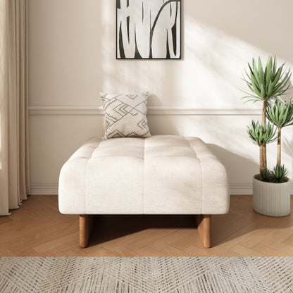 Beige Tufted Square Linen Ottoman, Breathable Fabric Foot Stool with Durable Rubber Wood Legs for Bedroom & Living Room