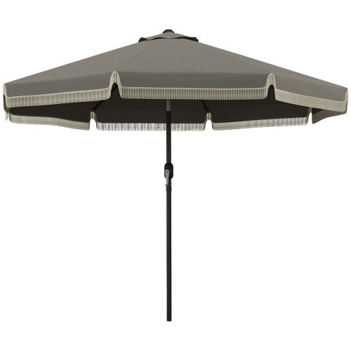 9ft Patio Umbrella with Push Button Tilt and Crank, Ruffled Outdoor Market Table Umbrella with Tassles and 8 Ribs, for Garden, Deck, Pool, Dark Gray