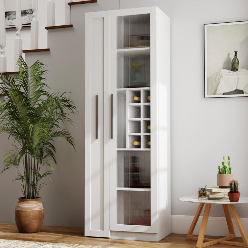Kitchen Pantry Cabinet with Multi-Functional Pull-Out Multi-Tier Storage Shelf and Glass Doors