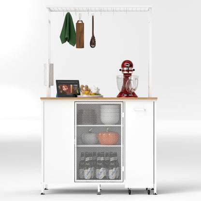 Kitchen Island with Storage Space Breakfast Bar with Folding Flip Up Panel Large Cabinet Shelves White