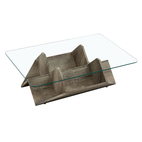 Tempered Glass & MDF Coffee Table with Carved Wood Grain