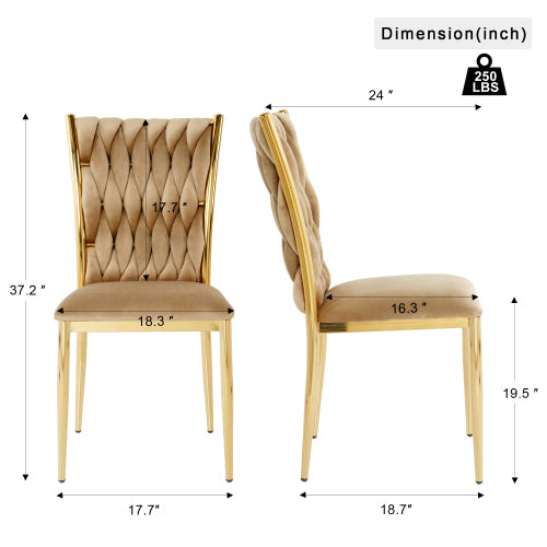 Velvet Upholstered Dining Chairs with Metal Legs, Set of 2, Brown
