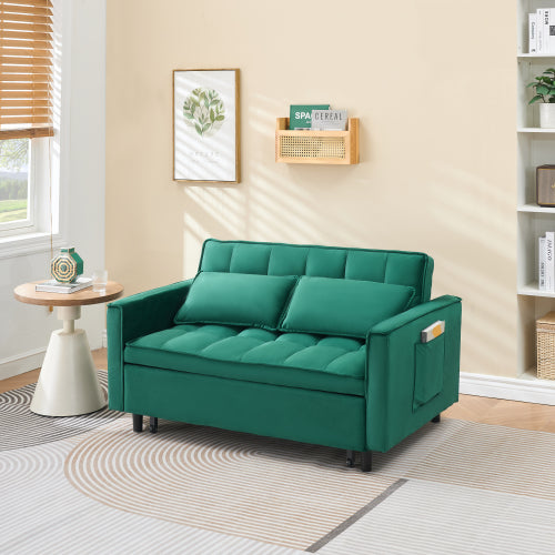 55-Inch Green Velvet 3-in-1 Convertible Sleeper Loveseat Sofa-Bed with Side Pockets for Living-Room Guest-Room