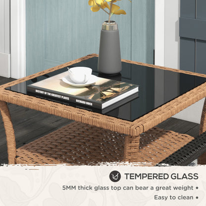 Outsunny Rattan Side Table Outdoor End Table with Storage Shelf Aluminum Frame Tempered Glass Top