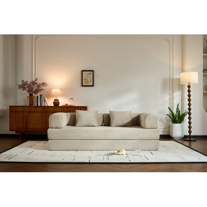 Beige Corduroy Convertible Sleeper Sofa Bed with Cylindrical Pillow