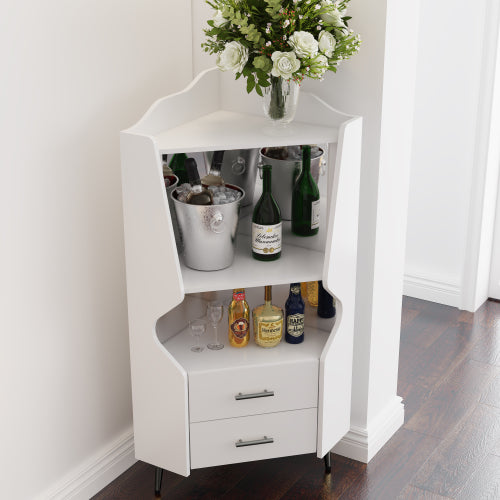 Wooden Corner bar cabinet with 2 open storage shelves and 2 drawers, mirrored back sideboard cabinet, high feet/legs for easy cleaning, buffet cabinet WHITE