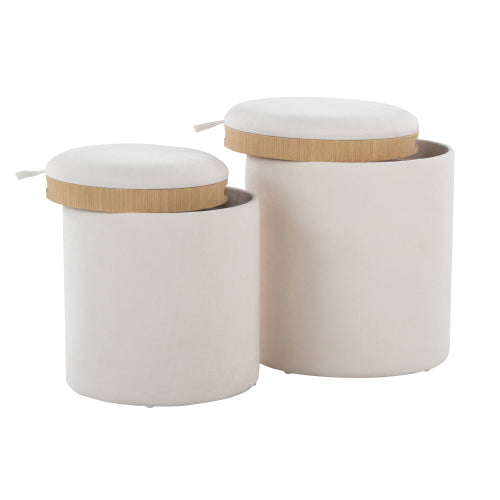 Cream Fabric Nesting Ottoman Set with Natural Wood, 2-Piece Stackable Stools, 250 LBS Limit, Fully Assembled