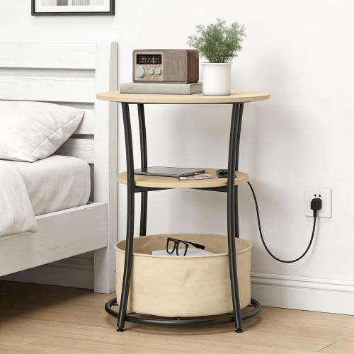 Round Side Table with Charging Station 3 Tier Storage Fabric Bag