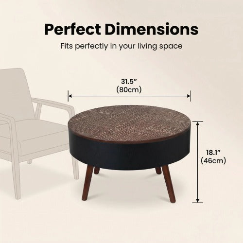 31.5 Inch Round Carved Coffee Table, Brown & Black