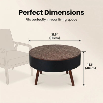 31.5 Inch Round Carved Coffee Table, Brown & Black