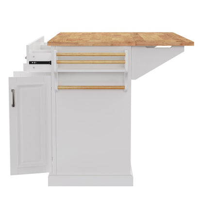 54 Inch Rolling Kitchen Island with Drop Leaf Drawers & Wheels White