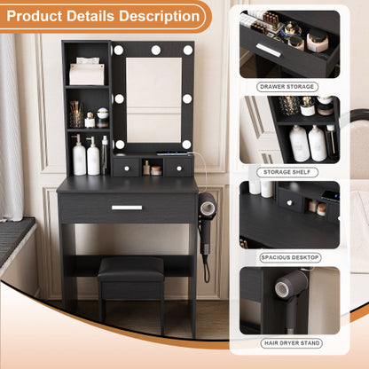 Black Compact LED Vanity Table Set, Power Outlet, Hairdryer Holder & Upholstered Stool
