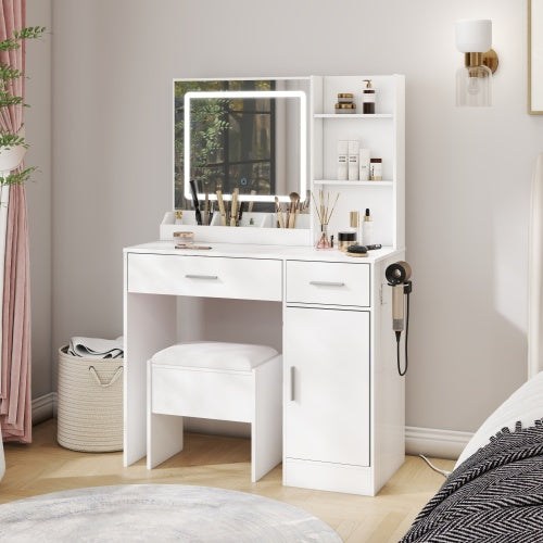 White Makeup Vanity Set with LED Mirror, Charging Station, Stool, 2 Drawers, Open Shelves & Storage Cabinet