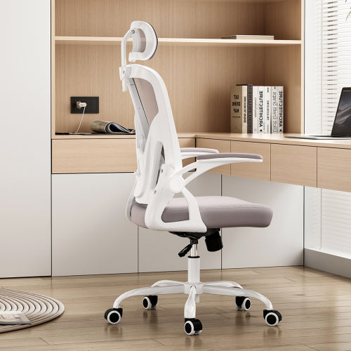 Ergonomic Office Chair, Home Office Desk Chair with Headrest, High Back Computer Chair with Armrests and Adjustable Lumbar Support for Home Office Study Room,White & Gray