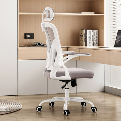 Ergonomic Office Chair, Home Office Desk Chair with Headrest, High Back Computer Chair with Armrests and Adjustable Lumbar Support for Home Office Study Room,White & Gray