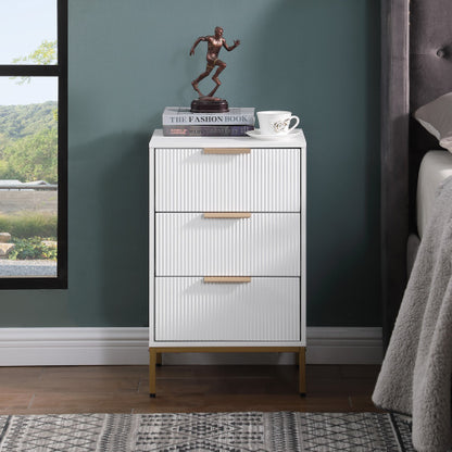 White Mid-Century Nightstand, 3 Wavy Drawers with Gold Metal Legs & Handles Bedroom End Table
