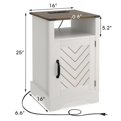 White Rustic Oak Farmhouse Nightstand with Charging Station