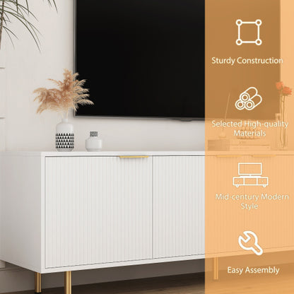 White Fluted 68 inch TV Stand with Storage Cabinets and Gold Legs