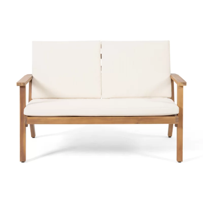 Temecula Outdoor Acacia Wood 4-Seater Chat Set_Loveseat&Coffee Table&2 Club Chairs - Brown Patina Finish + Cream Cushion