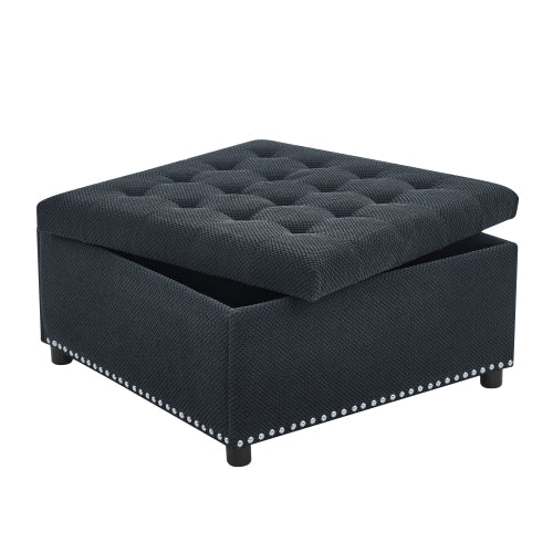 Black Tufted Square Storage Ottoman with Nailhead Trim, Multi-Functional Upholstered Footstool for Living Room & Bedroom