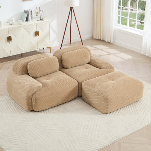 82-Inch Camel Corduroy L-Shaped Modular Sectional Sofa Curved Armrest No-Assembly