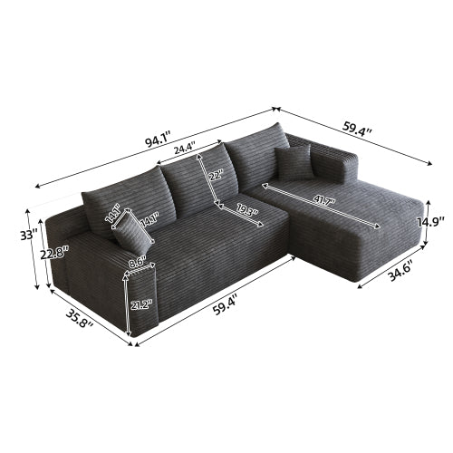 95 inch  Dark Grey Plush Corduroy U-Shaped Cloud Modular Sofa, No Assembly