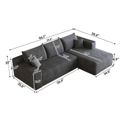 95 inch  Dark Grey Plush Corduroy U-Shaped Cloud Modular Sofa, No Assembly